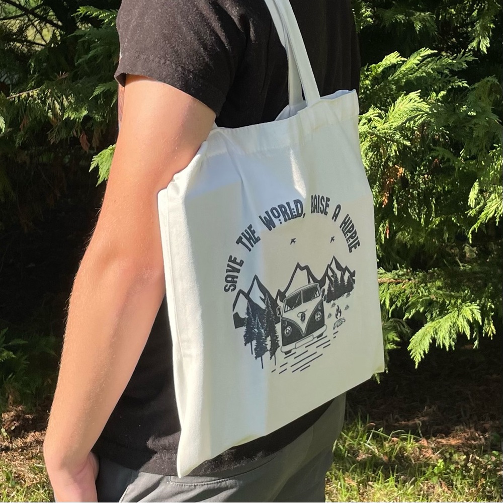 Save the world, raise a hippie canvas tote